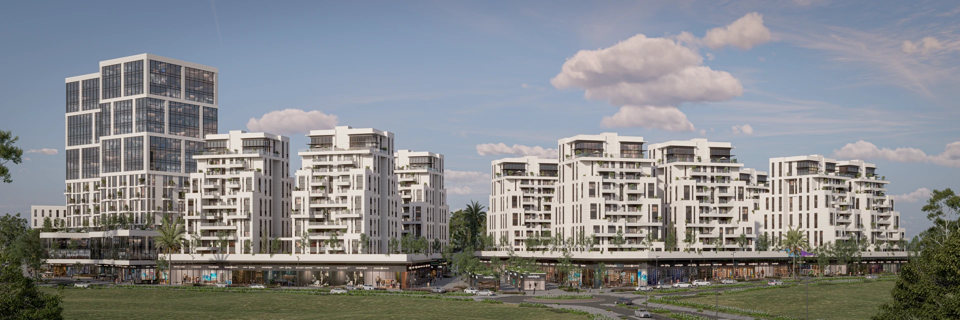 פנורמה של מתחם Central Park: בנייני המגורים ומגדל המשרדים מעל רצועת המסחר